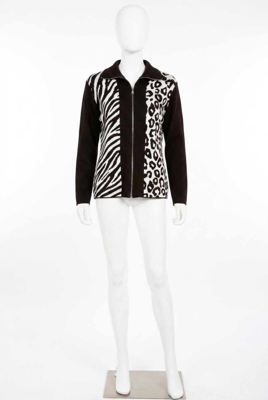 NEW ANGEL APPAREL animal print zip cardigan in black/white